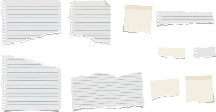 Crumpled lined notebook paper vector set with torn memo sheets, ripped note scraps and blank collage elements