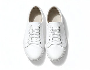 Fototapeta premium Clean white leather low-top lace-up sneakers against a bright white background
