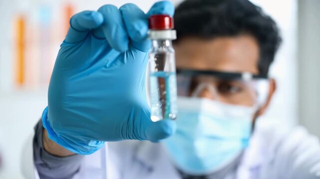Scientific Precision: A lab professional, shielded with safety gloves and face mask, meticulously examines a vial of solution, symbolizing scientific exploration and medical advancement.