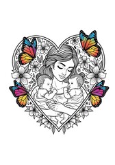 A mother lovingly holds her two babies surrounded by colorful butterflies and flowers in a heart-shaped frame