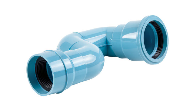 Light blue PVC S-bend pipe fitting, a durable plastic plumbing component isolated for drainage and waste water systems PNG