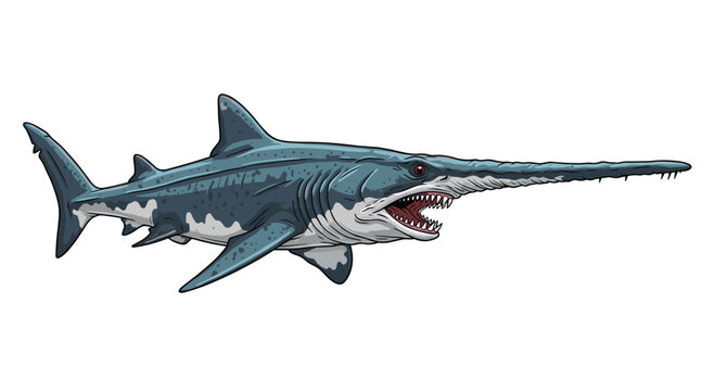 Dynamic illustration of a sawfish shark, showcasing its distinctive long, saw-like snout lined with teeth and fierce open mouth.