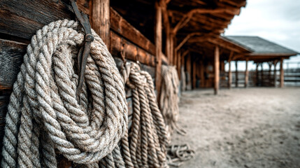 Fototapeta premium Cowboy rope lasso hanging on wooden fence at ranch rustic western farm scene, copy space