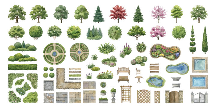 Watercolor set of landscape architecture garden elements trees bushes pathways pools and gates isolated on transparent background
