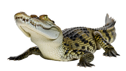 Naklejka premium Young crocodile with sharp teeth and scaly skin, looking up, isolated on transparent background, a detailed wildlife animal PNG