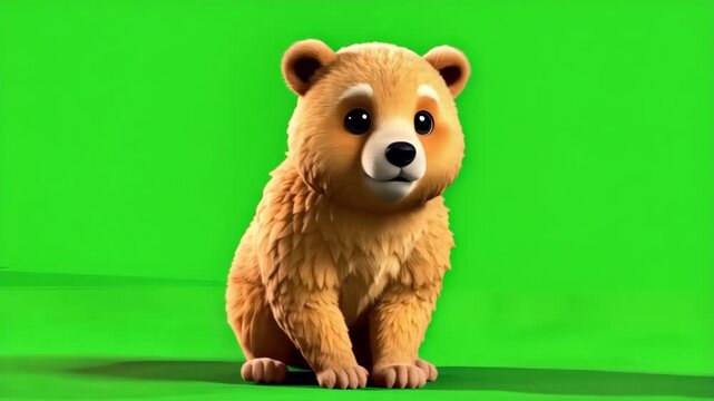 Animated Cute Bear Character Sitting on Bright Green Background