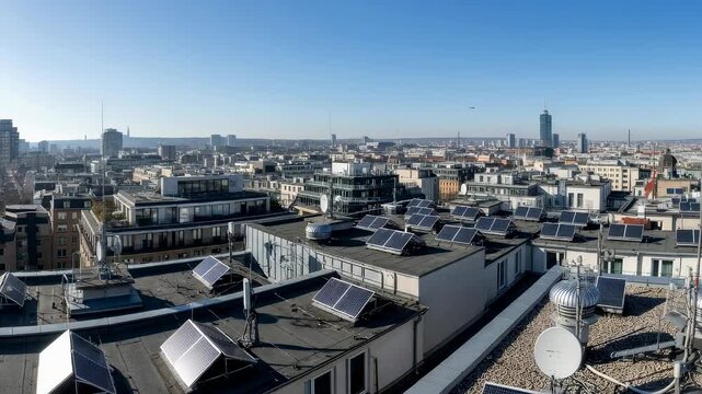 Rooftops with solar panel and satellite dish array in city. Sustainable energy technology and urban communication concept.