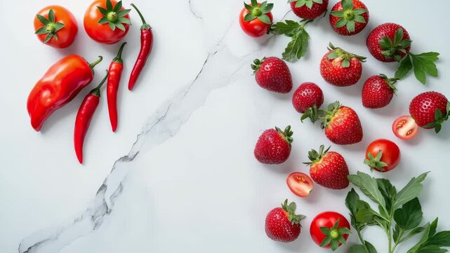 Fresh arrangement of strawberries, peppers, and herbs on marble surface creating elegant composition