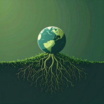Earth globe growing from grass roots eco sustainability concept