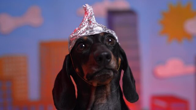 Close-up portrait of a black and tan dachshund wearing a crinkled foil hat against a colorful illustrated backdrop, staring forward with a curious alert expression