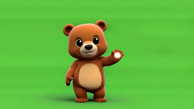Playful Animated Bear Character Waving Cheerfully Against a Vibrant Green Background