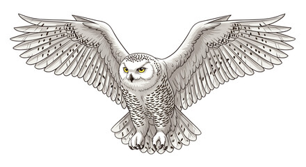 Majestic snowy owl in full flight with widespread wings, showcasing its pristine white plumage and piercing yellow eyes, a powerful arctic hunter. © Bithi