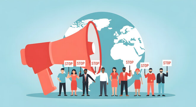 People protesting with megaphone globally united.
