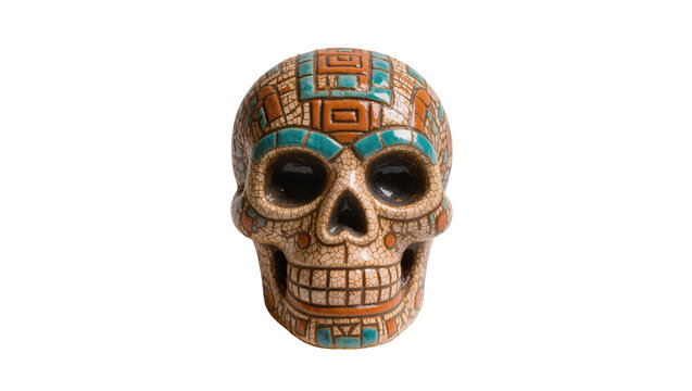 Intricately patterned ceramic skull, a vibrant Day of the Dead inspired decorative object isolated PNG on transparent background, cultural art