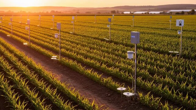 Smart farming sensors in a corn field at sunset for modern agriculture monitoring and data collection