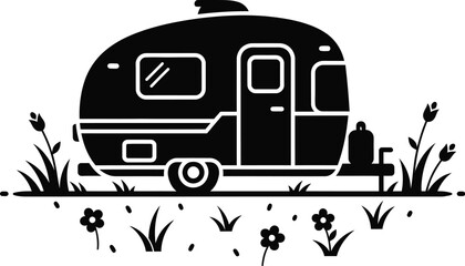 Obraz premium Spring bank holiday camping getaway with cozy vintage trailer