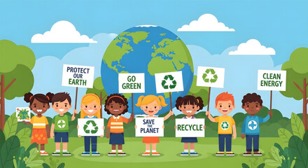 Fototapeta premium Diverse kids promoting eco friendly earth.