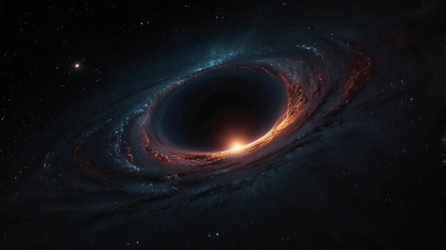 A stunning cosmic illustration of a supermassive black hole surrounded by a glowing accretion disk.