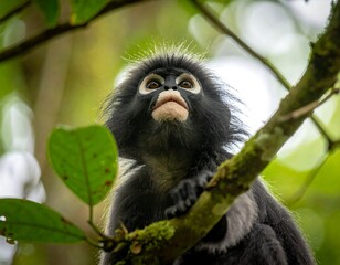 Obraz premium Close-up of a black and white monkey in a jungle