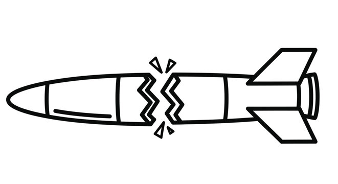 Black and white illustration of a bomb with a fractured body and fins