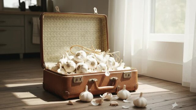 Sunlit vintage suitcase overflowing with garlic bulbs in rustic kitchen
