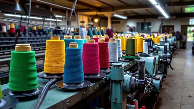 A row of spools of thread on a sewing machine in a factory