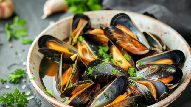 Freshly cooked mussels in rustic setting with garlic and herbs