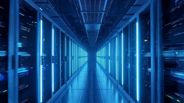 Server room corridor with data flow and neon lights. Information technology concept. Digital tunnel with network racks.