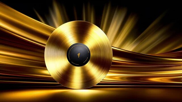 A gold record on a black background with rays of light