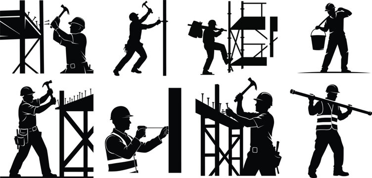 Vector construction worker silhouette set various poses and actions