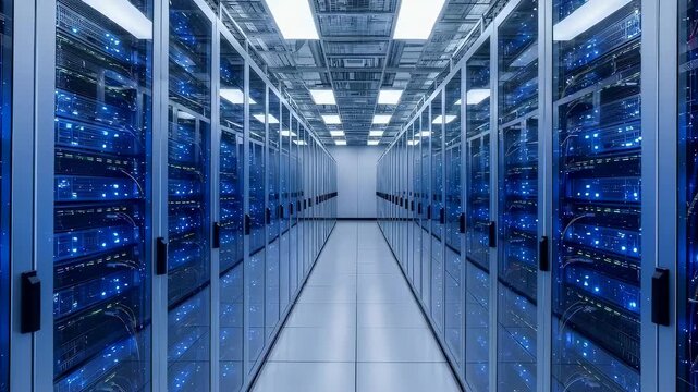 Server room corridor with rack servers and blinking lights. Data center infrastructure for modern communication and internet technologies.