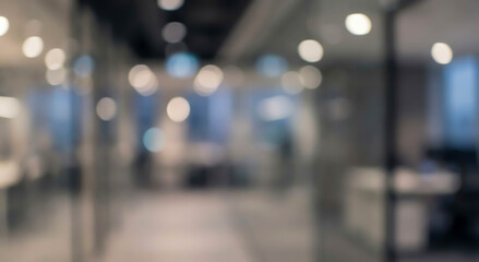 Fototapeta premium Blurred view of a modern office interior with glass partitions and soft lighting. The space appears professional and contemporary, designed for work.