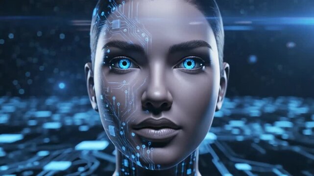 Human face forming from glowing electronic circuit board connections representing artificial intelligence and modern computer technology.
