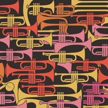 Colorful trumpets in a pattern.