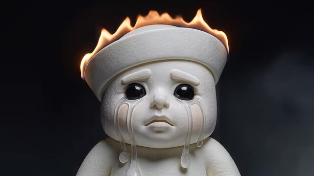 A sad baby doll with a burning hat sits alone in darkness crying tears.