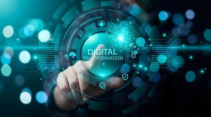 Fototapeta premium Hand interacting with digital transformation hologram showing data analytics and innovation concepts