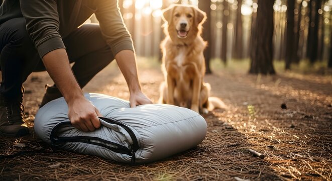 Man and Dog Preparing for Camping Trip in a Forest During Sunset