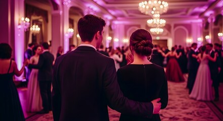 Obraz premium Elegant Couples Enjoy A Grand Ball Amidst Romantic Pink Lighting And Chandeliers