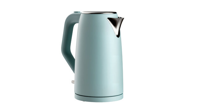 Modern light blue electric kettle with grey handle and silver spout, isolated on transparent background, kitchen appliance for boiling water PNG