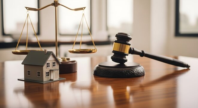 Gavel and Scales of Justice Near Miniature House on Table