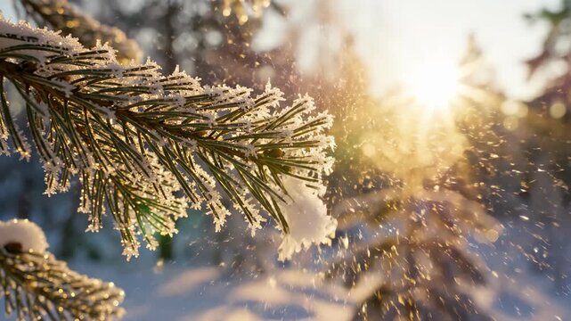 Sunlight Glazing Through Snow-Covered Pine Branches in Winter.