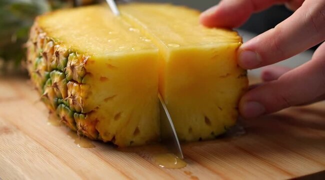 Cutting fresh pineapple on wooden cutting board in kitchen  