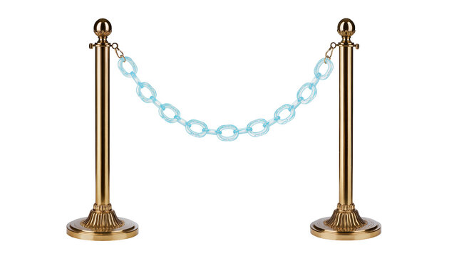 Elegant golden stanchions with a light blue plastic chain, forming a sophisticated crowd control barrier isolated PNG for event management
