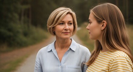 Obraz premium A Mature Woman And A Young Woman Walking On A Path In A Forest
