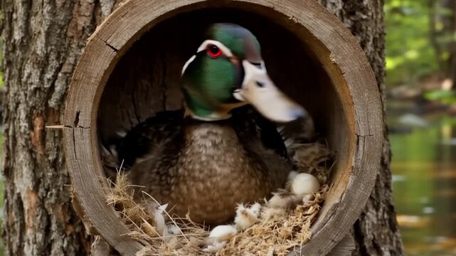 Mallard duck in tree nest home.