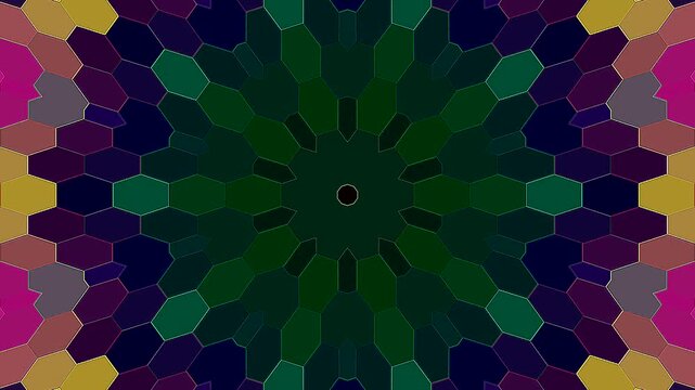 Symmetrical kaleidoscope motif with blue diamond shapes forming a glowing geometric pattern on a black background.	