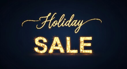 Obraz premium Golden holiday sale text with light bulbs on dark background shopping discount announcement