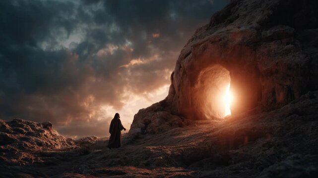 Jesus stands before the glowing cave as light shines through during a time of reflection and prayer in an ancient landscape