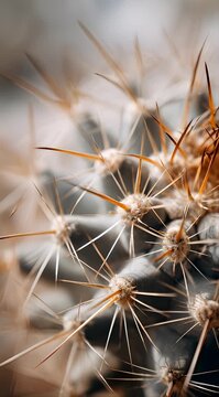 Close up of sharp spines on a desert cactus plant