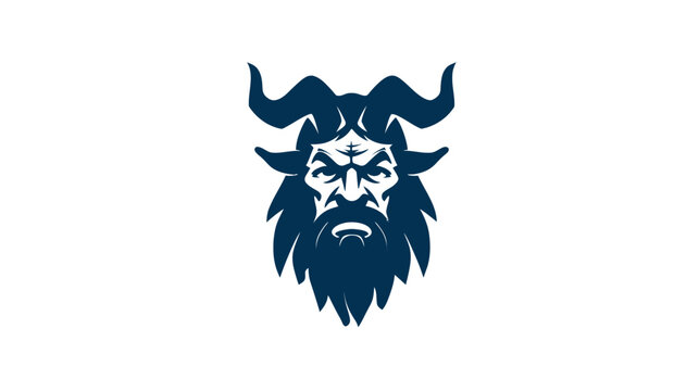 A stylized illustration of a creature with horns, a full beard, and an angry facial expression